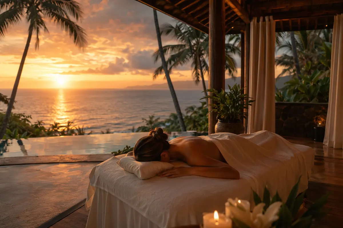 Massage table set up on an ocean-view terrace in Jacó, Costa Rica